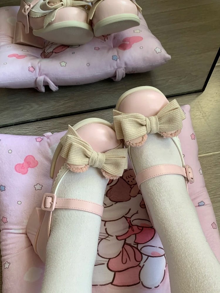Pink Low/Mid Edge Mary Ear Light Bear Detachable Sweet - Scalloped Heel Bow Janes with Lolita