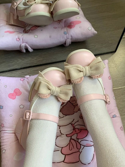Pink Low/Mid Edge Mary Ear Light Bear Detachable Sweet - Scalloped Heel Bow Janes with Lolita