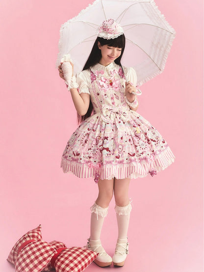 Cream Sweet Lolita Halter Neck JSK Dress with Cosmetics and Cat Print - Pastry Chef