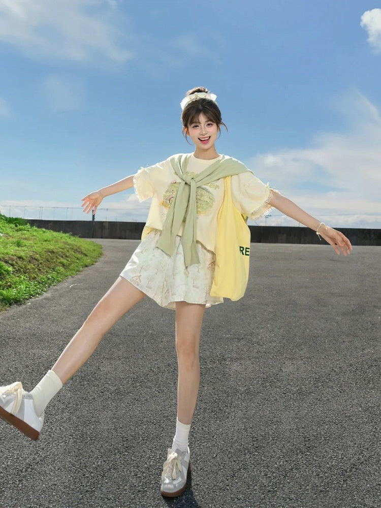Adorable Bunny Print Green Drawstring Waist Wide-leg Shorts