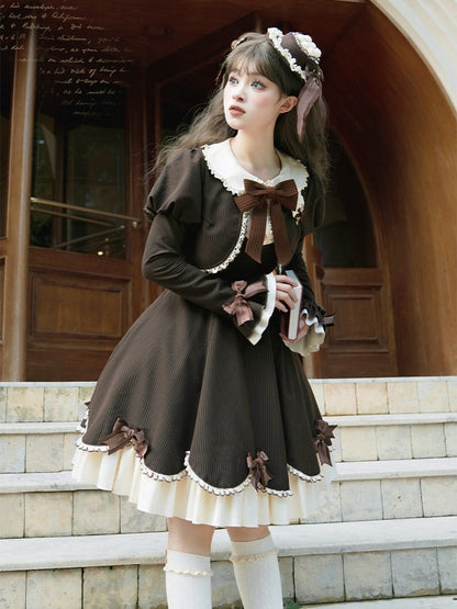 OP Boned Two-Piece Fake Cute Brown Long-Sleeve Lolita Dress