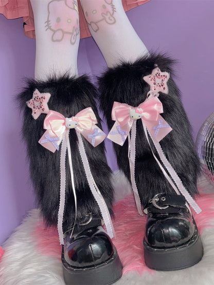 ピンク/ブラック Y2K スター＆キティ リボン結び シャギー レッグウォーマー