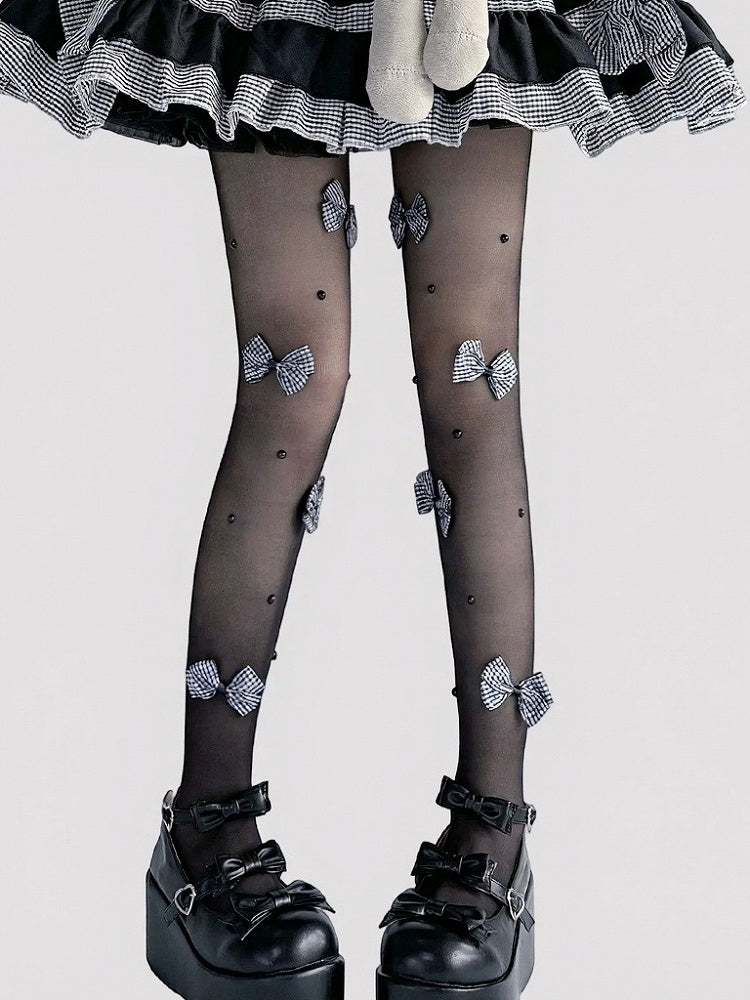 Sheer Pantyhose in Black or White Featuring 3D Bow Accents - Milkcat Studio