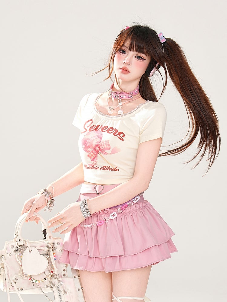 Trim Sweet Lollipop Print Spitzen-T-Shirt Rosa/Apricot Glamorous Cropped