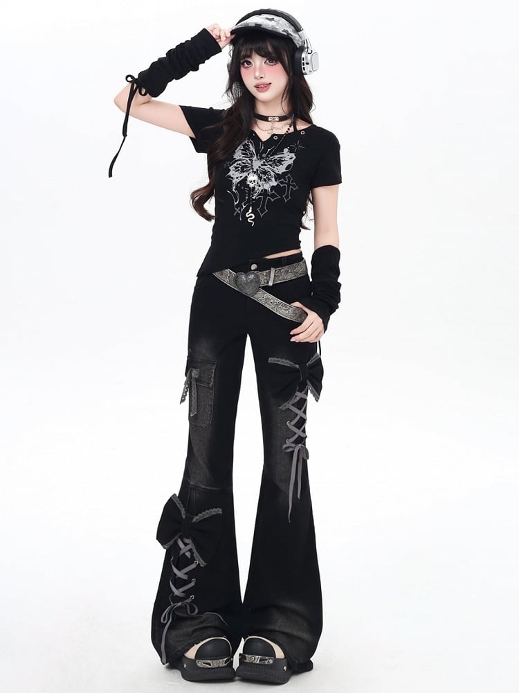 Flare Lace-Up ow Accents Detail Jeans Y2K Silhouette Black with Design