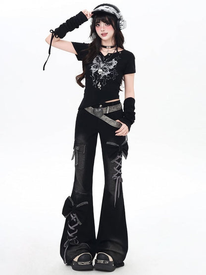 Flare Lace-Up ow Accents Detail Jeans Y2K Silhouette Black with Design