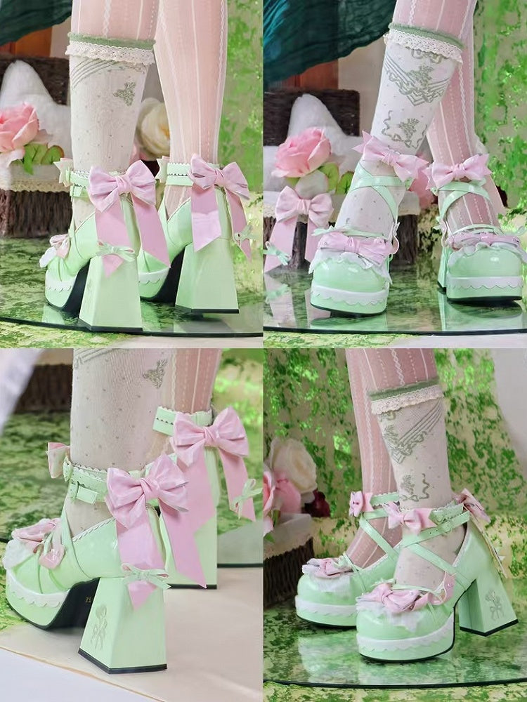Bows with Striped Janes Lolita Heel Green Crisscross 8cm High Mary Light Block Design