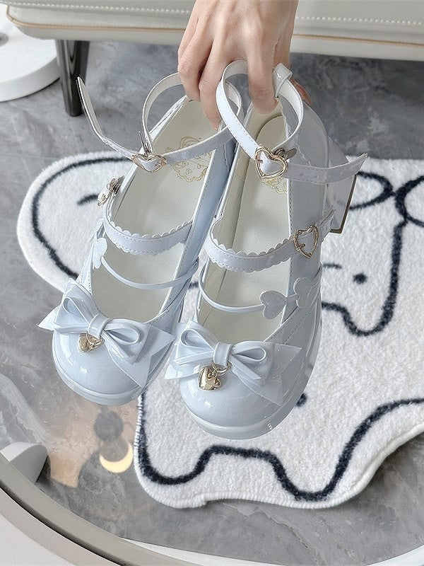 Snap Blue Heart-Shaped Block Lolita PU Elegant Platform Light Heels Bow High with Accents