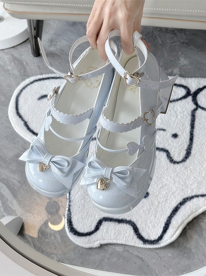 Snap Blue Heart-Shaped Block Lolita PU Elegant Platform Light Heels Bow High with Accents