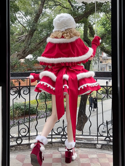 Christmas Red Princess Basque Waist Jumper Skirt with Festive White Plush Trim