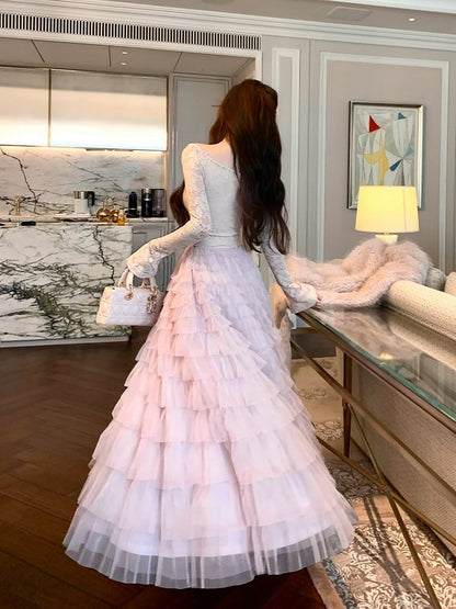 Tiered (Fleece-Lined) Lace Vintage Cake Off-Shoulder French Dress
