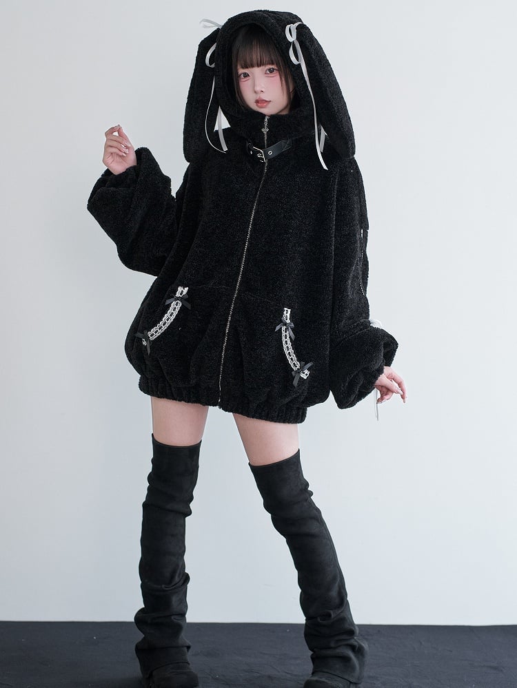 Hooded Black Fleece Ear Decor Buckle Leather Kei Bunny Coat Bow Jirai