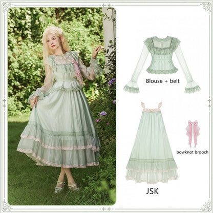 Green Illusion Neckline Blouse with Pink Lace Trim Dress & Brooch - With PUJI