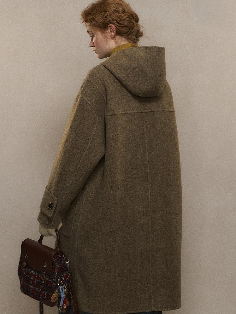 and Duffle Hood Coat with Wool Plaid Brown Lining Long