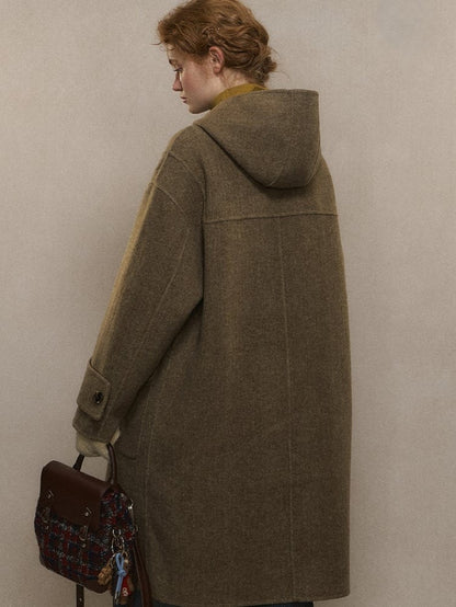 and Duffle Hood Coat with Wool Plaid Brown Lining Long
