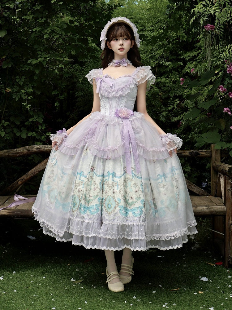 Purple Lily Print Lolita JSK Gown with Tulle Overlay and Back Bow Set - White Sugar Girl