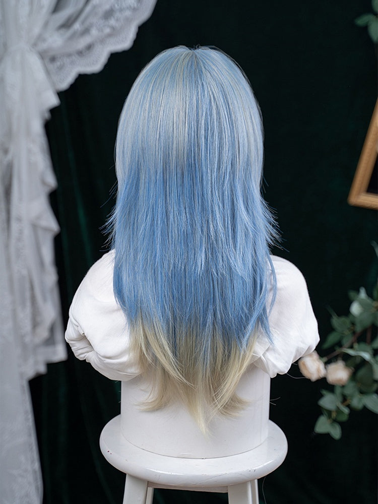 With Ombre 65CM Bangs Cut Blue Color Length Air Wig Hime Hair Straight