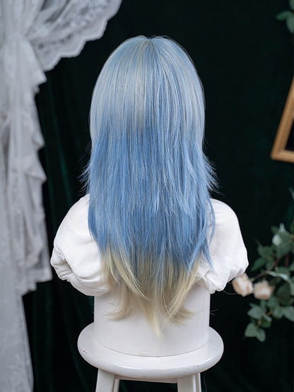 With Ombre 65CM Bangs Cut Blue Color Length Air Wig Hime Hair Straight