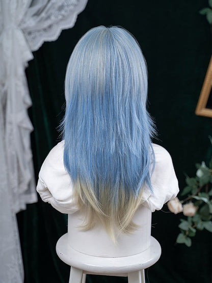 Color Ombre 65CM Bangs Wig Straight Blue With Air Hair Cut Hime Length
