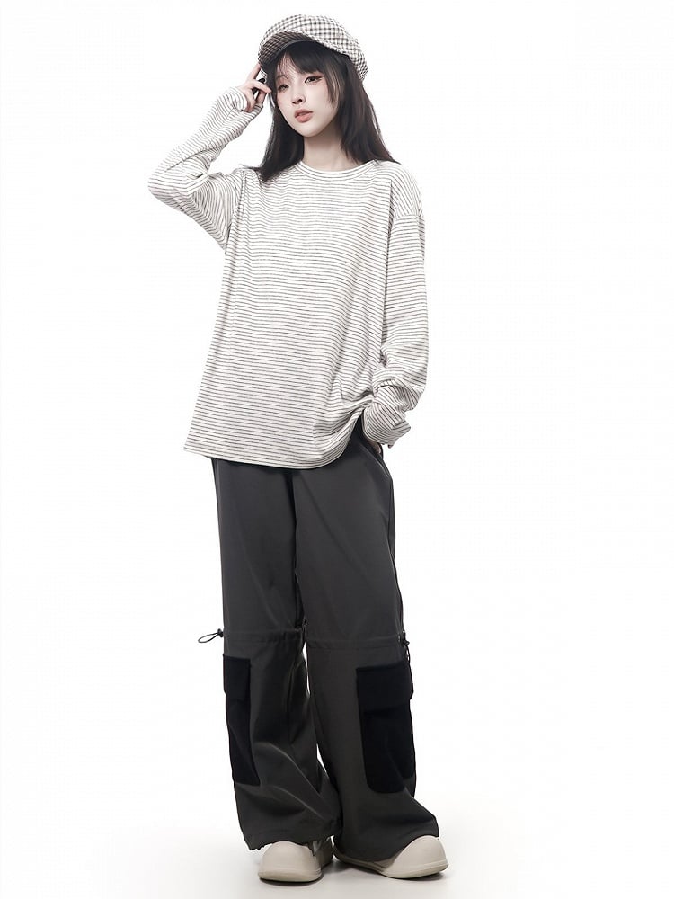Light Gray Striped Long Sleeve Base Layer Top - PINK SAVIOR