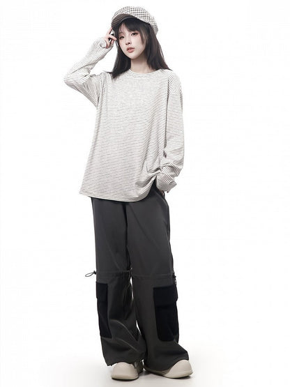 Light Gray Striped Long Sleeve Base Layer Top - PINK SAVIOR