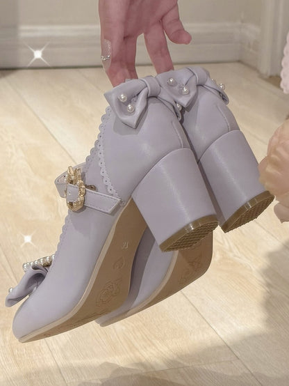 ジェーンズ ボウノット ロリータ ディテール ビーズ装飾 メアリー ラインストーン トゥ ラウンド シューズ パープル