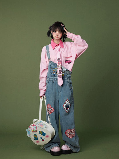 Collar Patches Pink Contrast Letter Embroidered with Shirt