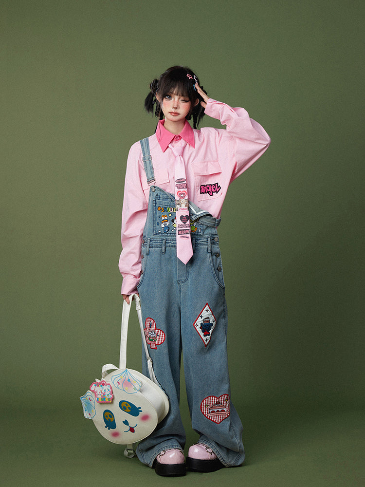 Collar Shirt with Letter Embroidered Patches Contrast Pink