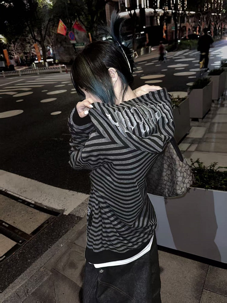 Hooded Cross Black Zip-up for Gray Chain Print Autumn Jacket Stripes with