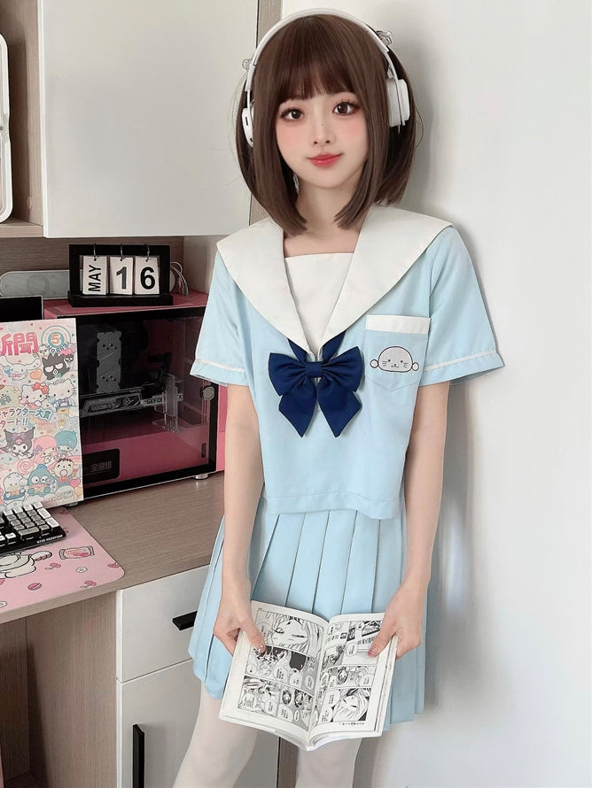 Little Seal Light Blue Sailor Collar JK Uniform Top with Free Bow Tie