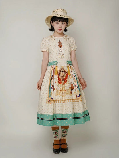 Long White Musical Print Peter Pan Collar OP Dress with Tassels - Crucis Universal Tailor Company