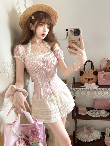 With Puff Sleeves Striped Lace Halter Top Accents Bow Pink