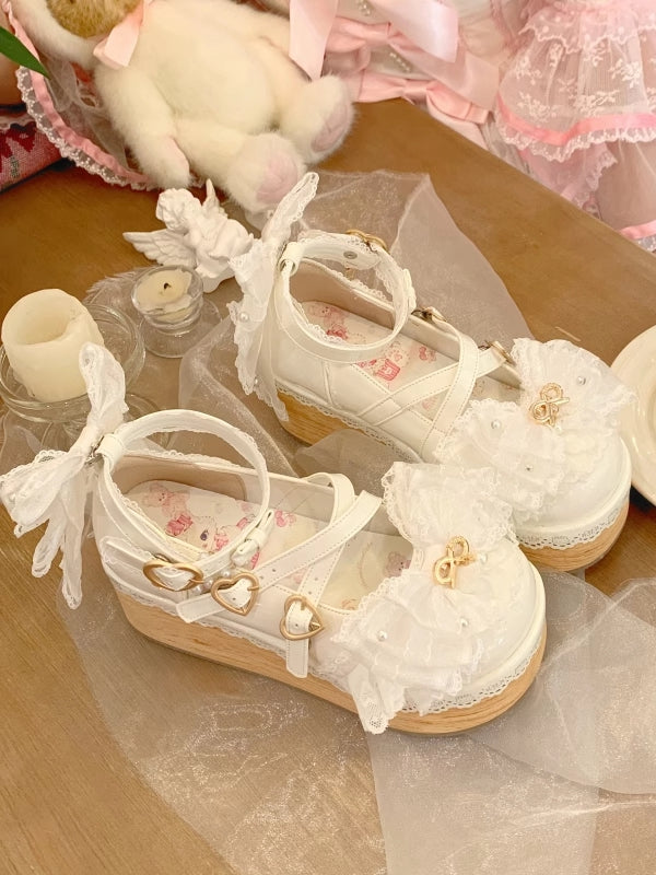 White Hanayome Bead Detail Bow Accents Sweet Lolita Platform Shoes