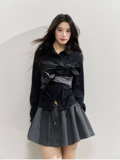 A-line Kawaii Gray Details Skirt Button with