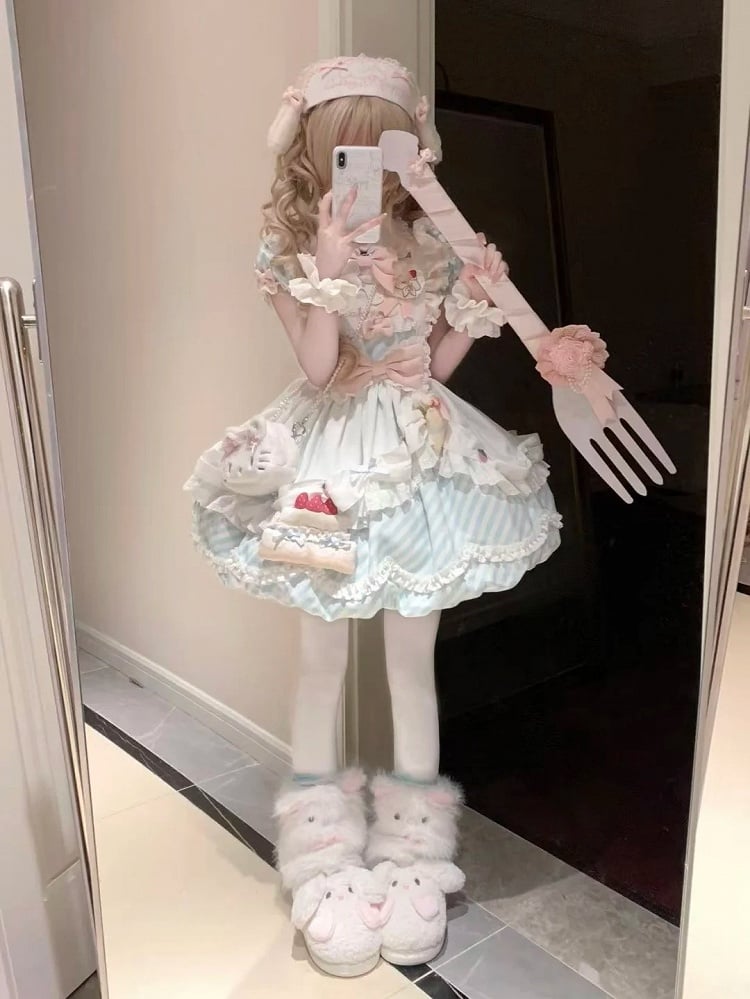 OP Stripe Full Train Bow Lolita Dress Brooch + Detachable Apron Bubble Decor Cake Puppy Skirt Blue Cute Set Sleeves with Hairband