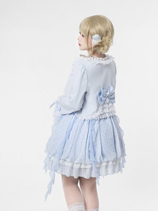 Blue Bow Cardigan with Lace Trim - Tan Tuan