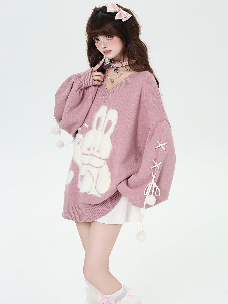 Bunny Pink Detail Sweater V-neck Sleeves Plush Cute Loose Lace-up at with