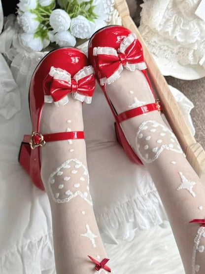 in Details PU at Lolita Red Lace Top Shoes with Mid-heel Sweet Bow