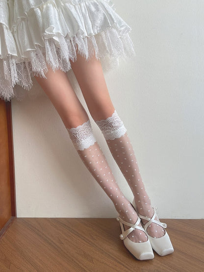 Lace Dot Cuff Stockings Semi-Sheer Polka Pattern White