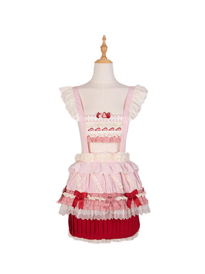 Strawberry Bodice Embroidery Cake Skirt Overall Hem and Pink Sweet Cupcake Lolita Red