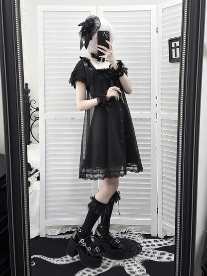 Square-Neck Gothic Dress with Sheer Overlay & Bow Detail - Ekomi