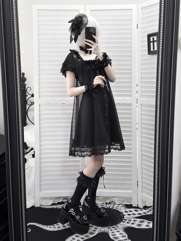 Gothic Square Neck Dress with Bow Accents - Ekomi