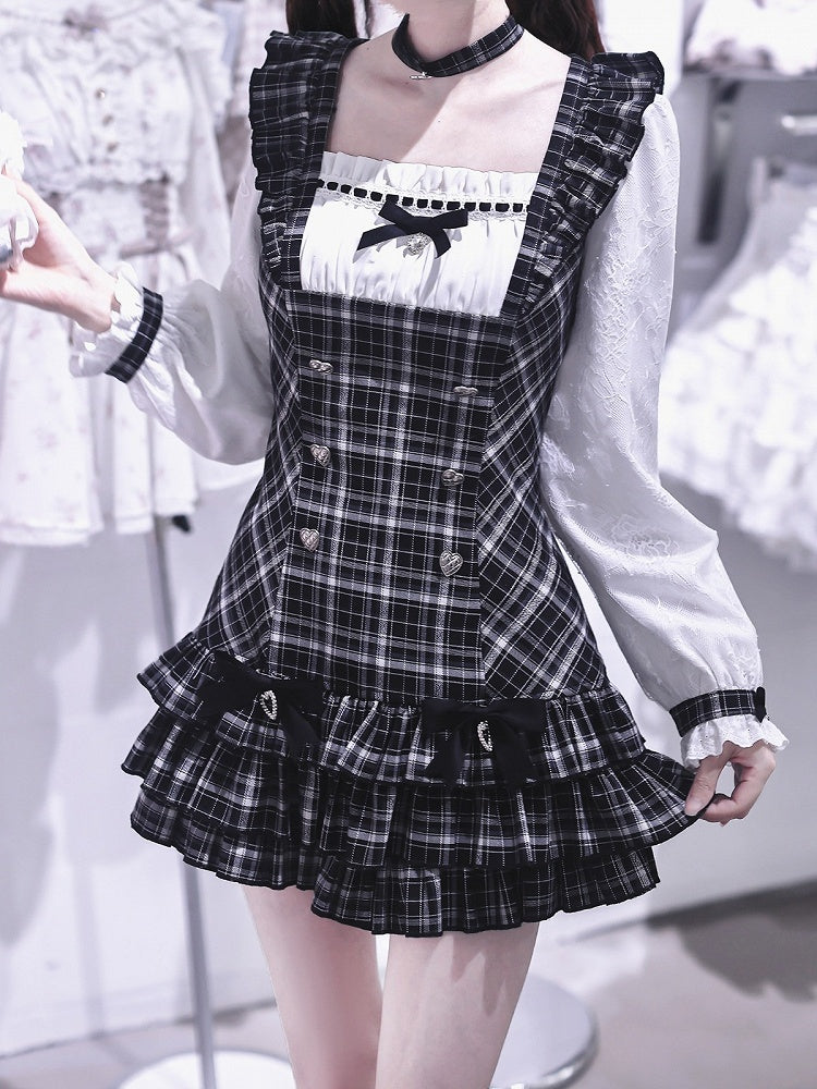 Jirai Kei Two-Piece Set: Plaid Square-Neck Long-Sleeve Dress & Ruffle Shorts - Ekomi
