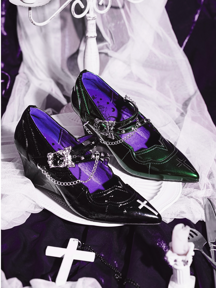 Pointed Toe Green 7cm Mary Heel Chunky Gothic in Cross Jane Subculture Embroidery Shoes with