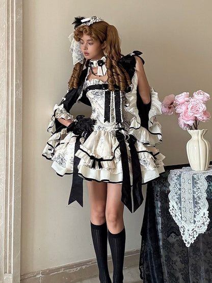 Black Elegant Jacquard Cardigan with White Ruffled Edge - Magic Skirt Cat