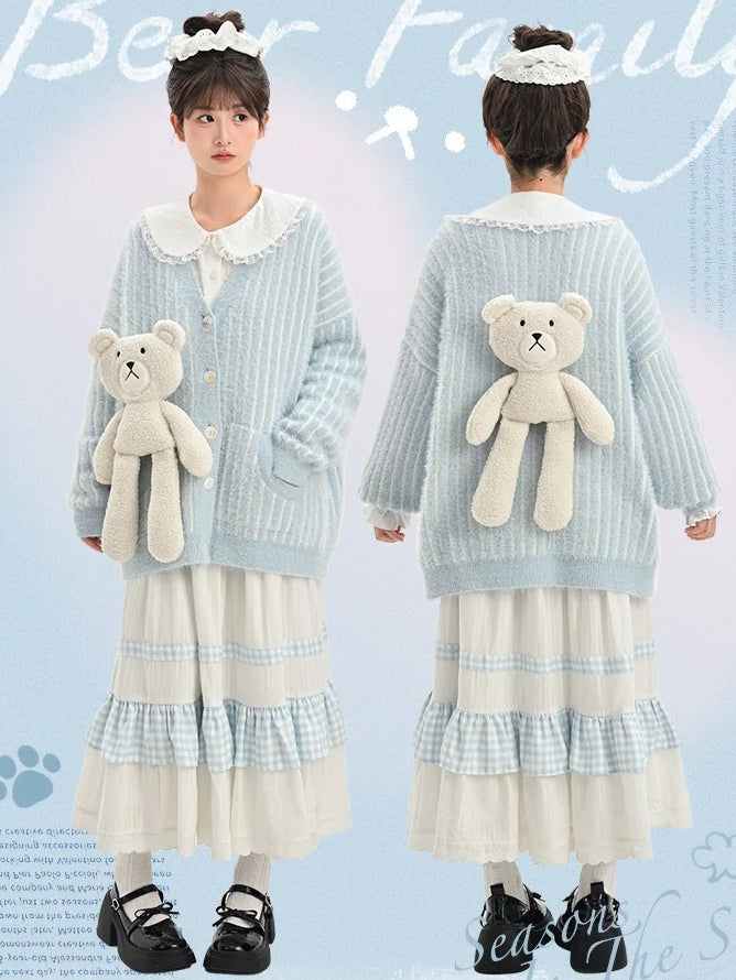 Cute Little Bear Plushie with Blue Striped Loose Cardigan