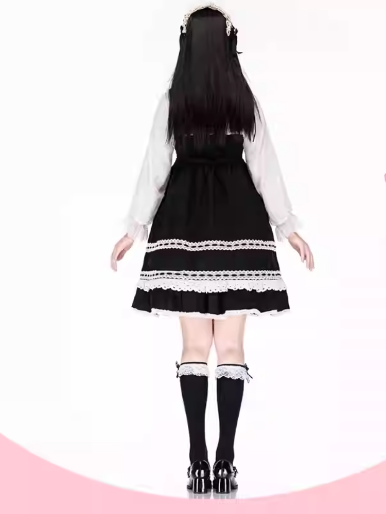 黒のフリル付きレースカフプリントロリータ膝下ストッキング