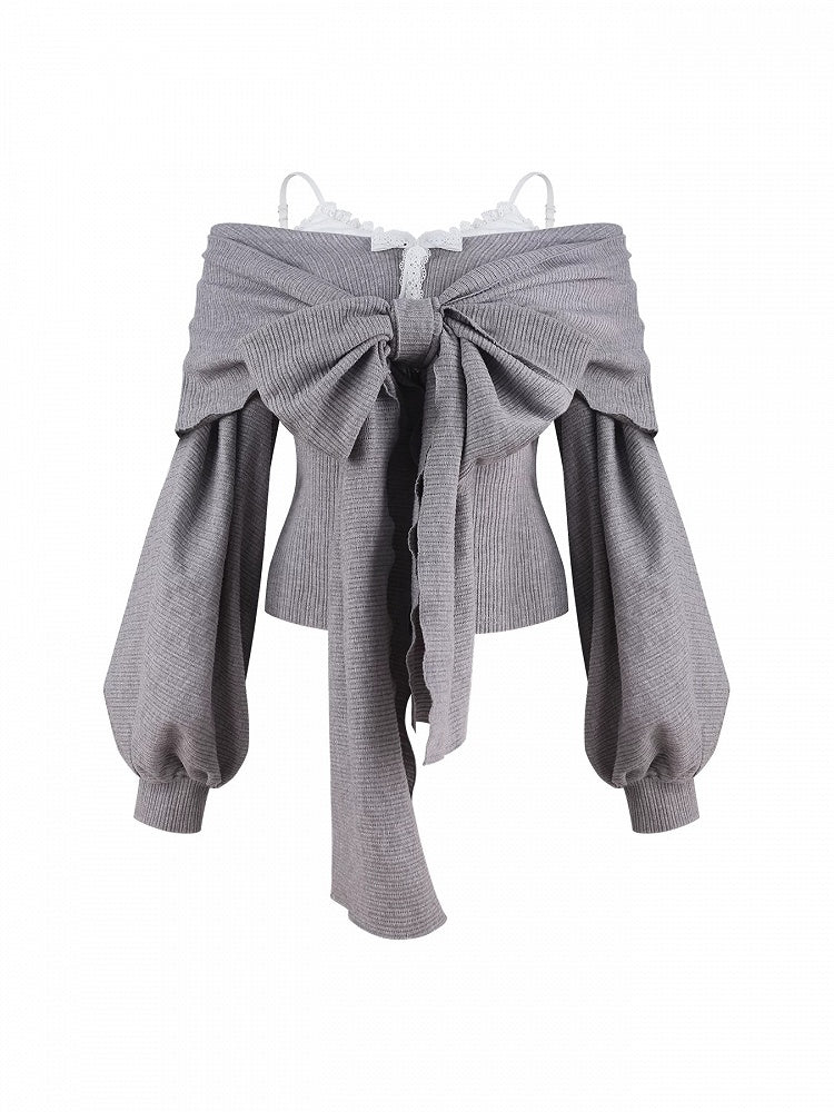 Gray Off-Shoulder Long-Sleeve Top with Big Bow Detail - serendipity