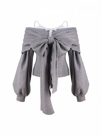 Gray Off-Shoulder Long-Sleeve Top with Big Bow Detail - serendipity