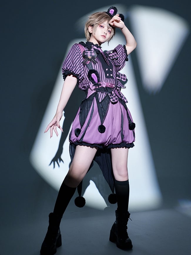 + Bloomers Vibes Theme Kuromi Bunny Purple Circus Lolita Ouji Black Set Pattern and Top Striped